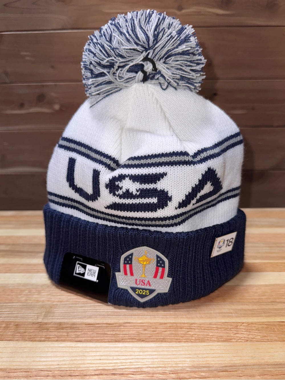 Official 2025 Ryder Cup New Era USA w/ Pin Winter Pom Beanie Hat Knit Cap NEW